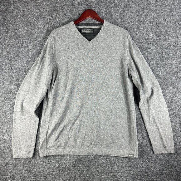Eddie Bauer Sweater Mens Large Tall Gray Cotton Merino Wool Pullover V Neck - Picture 1 of 8